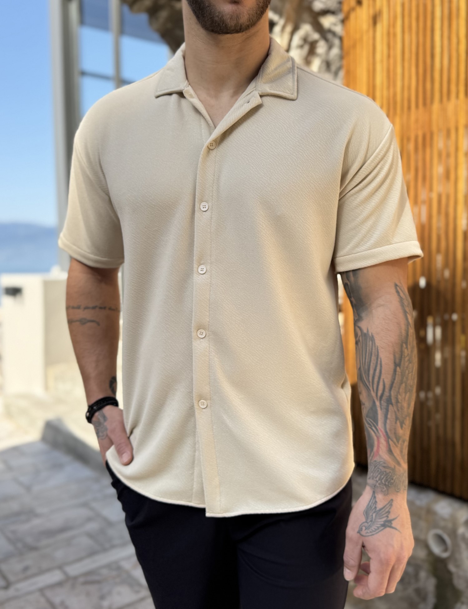 RMZ Ανδρικό γκοφρέ μπεζ oversized κοντομάνικο πουκάμισο RMZ19138B